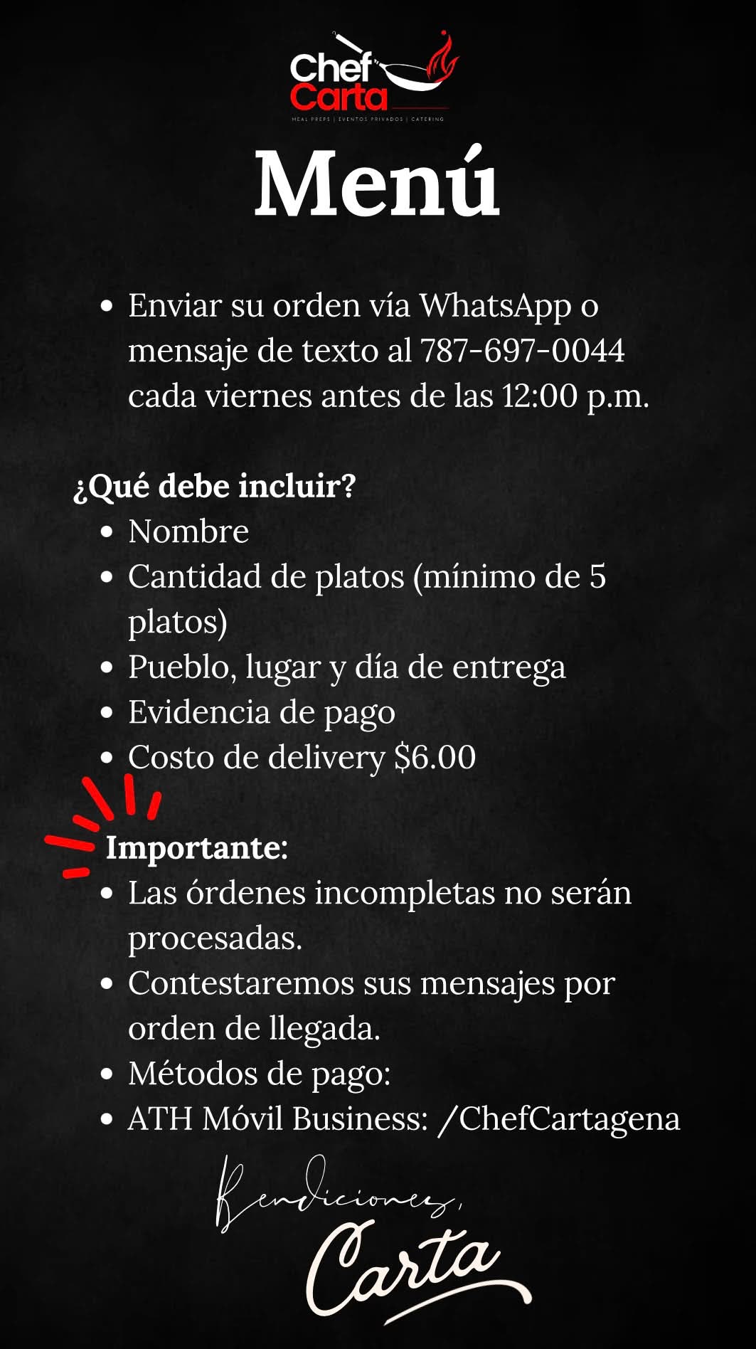 Instrucciones para ordenar el menú de Chef Carta
