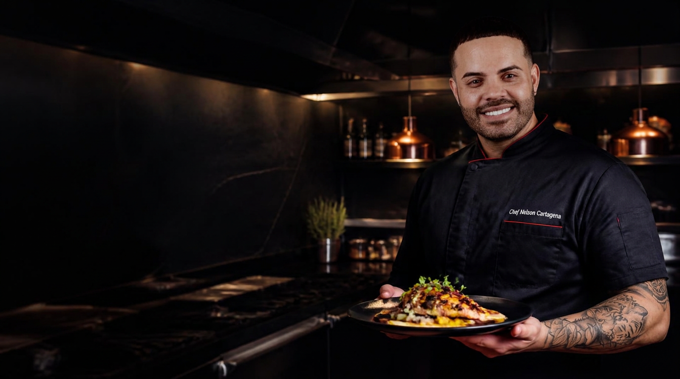 Chef Nelson Cartagena — Chef Carta, en su cocina profesional con un plato terminado