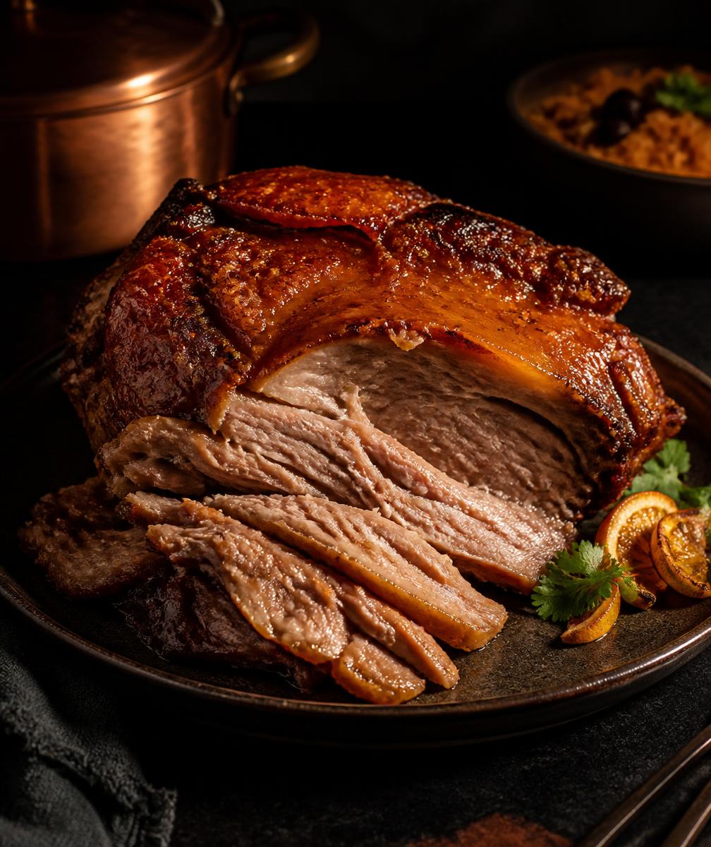 Pernil asado dorado y jugoso